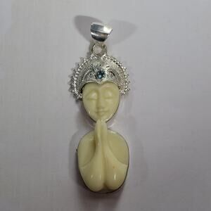 Goddess Pendant Carved Figure Sterling Silver with Blue Topaz